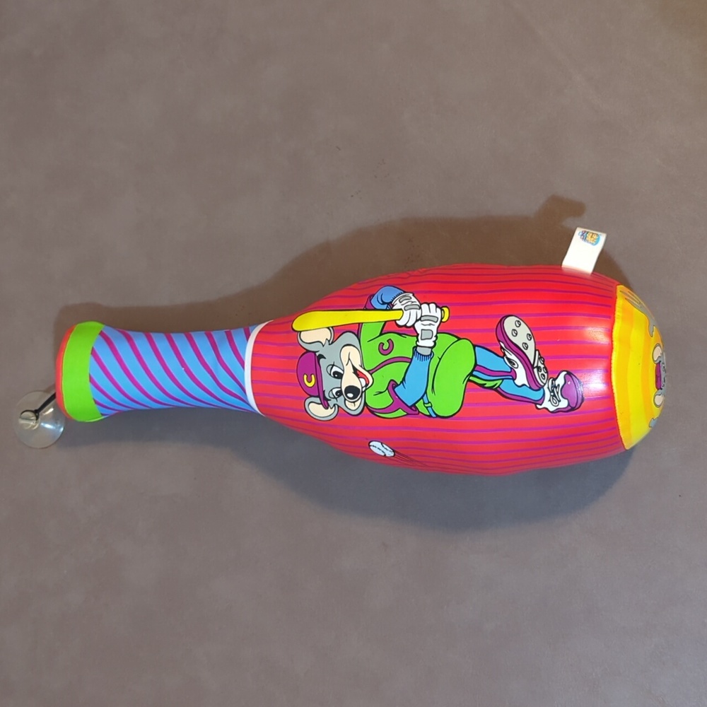 Vintage Chuck E Cheese's vinyl baseball bat made by Good Stuff window hanger